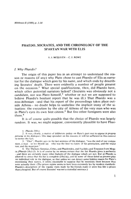 PHAEDO, SOCRATES, and the CHRONOLOGY of the SPARTAN WAR with ELIS I. Why Phaedo?