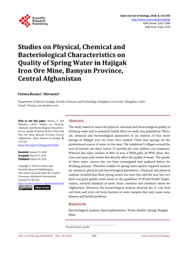 Studies on Physical, Chemical and Bacteriological Characteristics on Quality of Spring Water in Hajigak Iron Ore Mine, Bamyan Province, Central Afghanistan