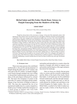 Birbal Sahni and His Father Ruchi Ram: Science in Punjab Emerging from the Shadows of the Rāj