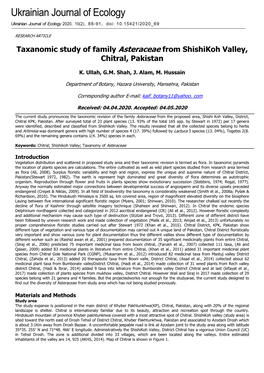 Taxanomic Study of Family Asteraceae from Shishikoh Valley, Chitral, Pakistan