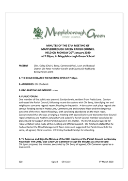 MINUTES of the 97Th MEETING of MAPPLEBOROUGH GREEN PARISH COUNCIL HELD on MONDAY 20Th January 2020 at 7:30Pm, in Mappleborough Green School