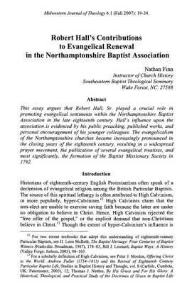 Robert Hall's Contributions to Evangelical Renewal in the Northamptonshire Baptist Association