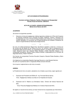 Acta CUARTA SESION EXTRAORDINARIA Martes 02 De Febrero De 2010. 1 ACTA DE SESION EXTRAORDINARIA Comisión De Salud, Poblaci