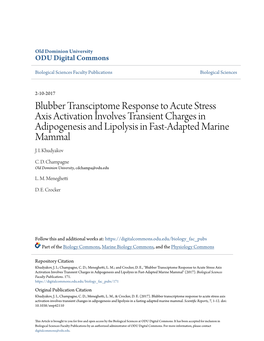 Blubber Transciptome Response to Acute Stress Axis Activation Involves Transient Charges in Adipogenesis and Lipolysis in Fast-Adapted Marine Mammal J