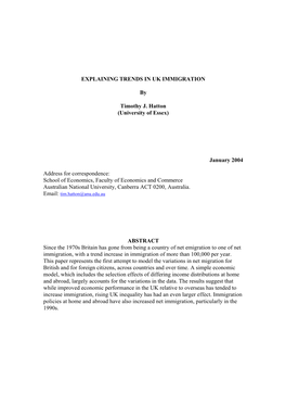 EXPLAINING TRENDS in UK IMMIGRATION by Timothy J. Hatton