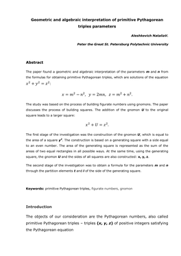 Geometric and Algebraic Interpretation of Primitive Pythagorean Triples Parameters