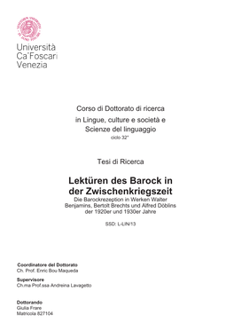 Lektüren Des Barock in Der Zwischenkriegszeit Die Barockrezeption in Werken Walter Benjamins, Bertolt Brechts Und Alfred Döblins Der 1920Er Und 1930Er Jahre