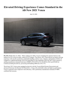 Elevated Driving Experience Comes Standard in the All-New 2021 Venza