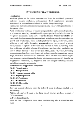 EXTRACTION of PLANT MATERIAL: Introduction Medicinal Plants Are