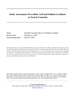 Safety Assessment of Levulinic Acid and Sodium Levulinate As Used in Cosmetics