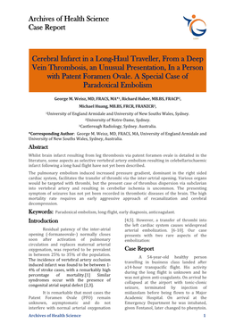 Cerebral Infarct in a Long-Haul Traveller, from a Deep Vein Thrombosis, an Unusual Presentation, in a Person with Patent Foramen Ovale