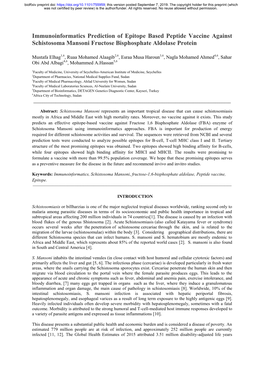 Immunoinformatics Prediction of Epitope Based Peptide Vaccine Against Schistosoma Mansoni Fructose Bisphosphate Aldolase Protein