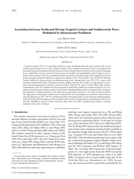 Association Between Northward-Moving Tropical Cyclones and Southwesterly Flows Modulated by Intraseasonal Oscillation