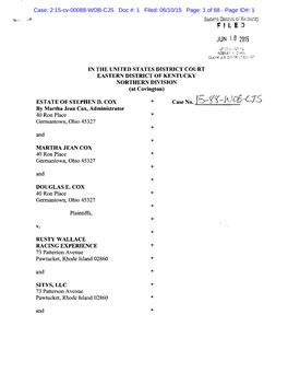 2:15-Cv-00088-WOB-CJS Doc #: 1 Filed: 06/10/15 Page: 1 of 68 - Page ID#: 1