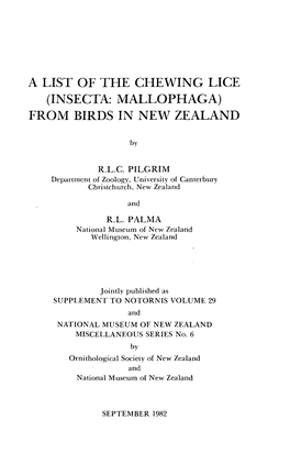 A List of the Chewing Lice (Insecta: Mallophaga) from Birds in New Zealand