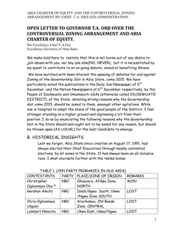 Abia Charter of Equity and the Controversial Zoning Arrangement by Chief .T.A