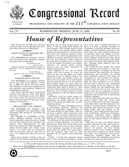 Congressional Record United States Th of America PROCEEDINGS and DEBATES of the 111 CONGRESS, FIRST SESSION