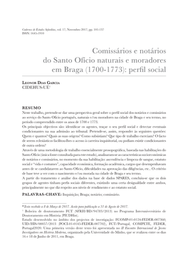 Comissários E Notários Do Santo Ofício Naturais E Moradores Em Braga (1700-1773): Perfil Social