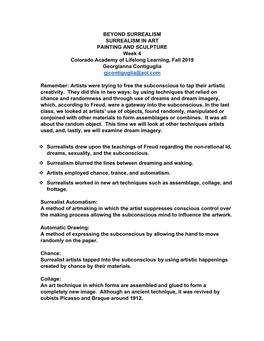 BEYOND SURREALISM SURREALISM in ART PAINTING and SCULPTURE Week 4 Colorado Academy of Lifelong Learning, Fall 2019 Georgianna Contiguglia Gjcontiguglia@Aol.Com