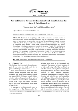 New and Previous Records of Scleractinian Corals from Chabahar Bay, Sistan & Baluchistan, Iran