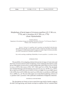 Morphology of Larval Stages of Arrenurus Papillator (O. F. Müller, 1776), and A. Pustulator (O. F. Müller, 1776) (Acari: Hydrachnidia)