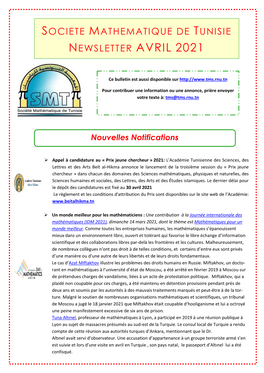 Societe Mathematique De Tunisie Newsletter Avril 2021