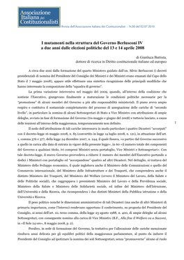 I Mutamenti Nella Struttura Del Governo Berlusconi IV a Due Anni Dalle Elezioni Politiche Del 13 E 14 Aprile 2008