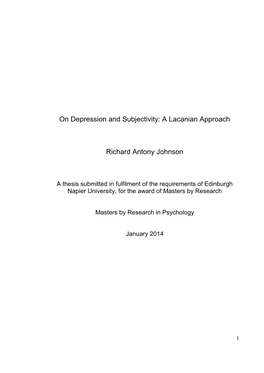 On Depression and Subjectivity: a Lacanian Approach Richard Antony