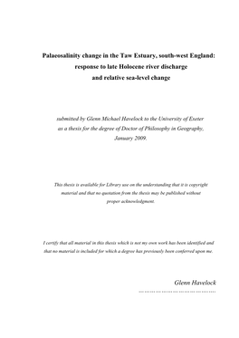 Palaeosalinity Change in the Taw Estuary, South-West England: Response to Late Holocene River Discharge and Relative Sea-Level Change