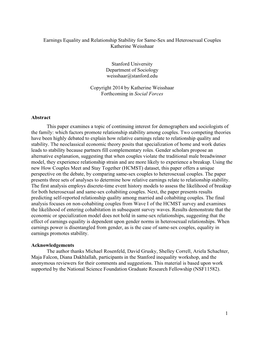 1 Earnings Equality and Relationship Stability for Same-Sex And