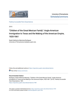 Anglo-American Immigration to Texas and the Making of the American Empire, 1820-1861