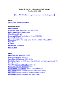 BLIMA (Bristol Live Independent Music Archive) Timeline 1950-2011