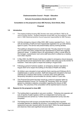 Proposal to Close ABC Nursery, Grant Street, Alloa