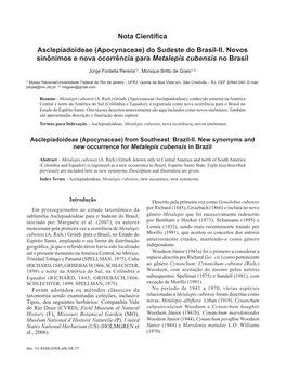 Nota Científica Asclepiadoideae (Apocynaceae) Do Sudeste Do Brasil-II. Novos Sinônimos E Nova Ocorrência Para Metalepis Cubensis No Brasil