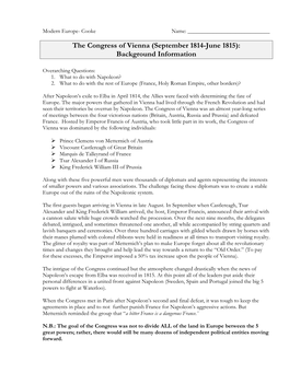 Congress of Vienna Simulation Sheets