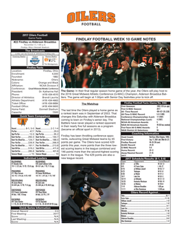 FINDLAY FOOTBALL WEEK 10 GAME NOTES #22 Findlay Vs Alderson Broaddus November 4 | 1:00 P.M