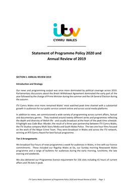 ITV Cymru Wales Statement of Programme Policy 2020 and Annual Review of 2019