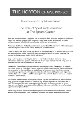 The Role of Sport and Recreation at the Epsom Cluster