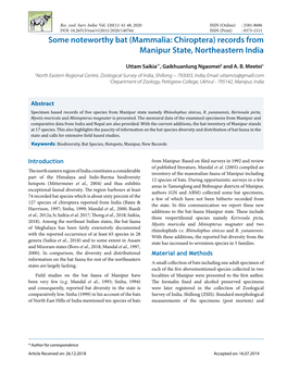 Some Noteworthy Bat (Mammalia: Chiroptera) Records from Manipur State, Northeastern India