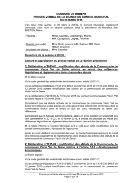 Commune De Hodent Proces-Verbal De La Seance Du Conseil Municipal Du 06 Mars 2015