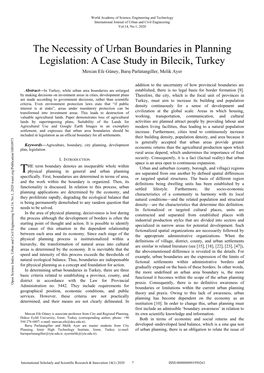 The Necessity of Urban Boundaries in Planning Legislation: a Case Study in Bilecik, Turkey Mercan Efe Güney, Barış Parlatangiller, Melik Ayer