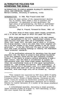 ALTERNATIVES to SINGLE-MEMBER PLURALITY DISTRICTS: LEGAL and EMPIRICAL ISSUES* Bernard Grofman, University of California, Irvine
