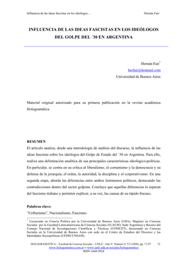 Influencia De Las Ideas Fascistas En Los Ideólogos Del Golpe Del ´30 En Argentina