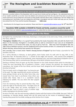 Welcome to the Hovingham and Scackleton Newsletter Welcome to Another Edition of the Newsletter with Its Usual Mix of Articles and Fact and Figures