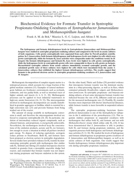 Biochemical Evidence for Formate Transfer in Syntrophic Propionate-Oxidizing Cocultures of Syntrophobacter Fumaroxidans and Methanospirillum Hungatei Frank A