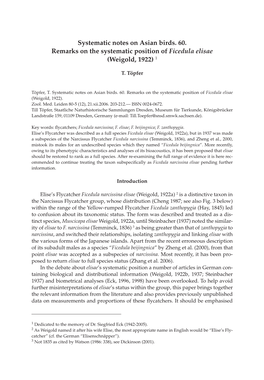 Systematic Notes on Asian Birds. 60. Remarks on the Systematic Position of Ficedula Elisae (Weigold, 1922) 1