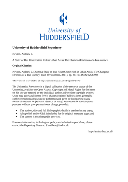 A Study of Bus Route Crime Risk in Urban Areas. the Changing Environs of a Bus Journey. Author: Andrew Newton