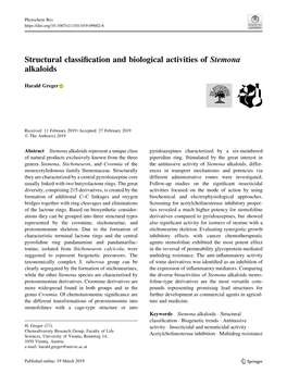 Structural Classification and Biological Activities of Stemona Alkaloids