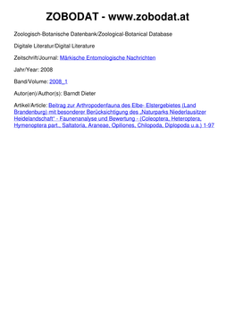 Beitrag Zur Arthropodenfauna Des Elbe- Elstergebietes