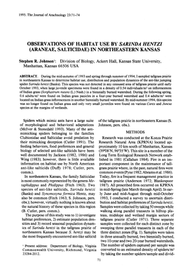 Observations of Habitat Use by Sarinda Hentzi (Araneae, Salticidae) in Northeastern Kansa S
